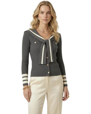 Modenaire Ribbed Knit Sailor Collar Cardigan - Gray