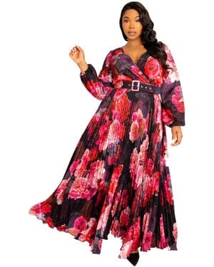 Buxom Couture Plus Size Floral Pleated Maxi Dress - Red