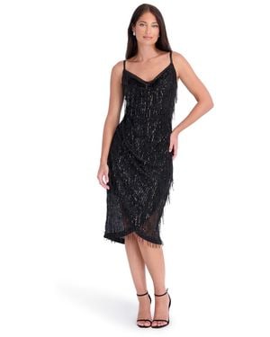 Siena Jewelry Fringe Mesh Sequin Cowl Neck Dress - Black