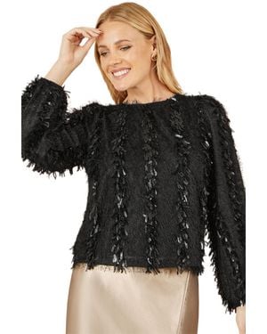 Yumi' Hanging Sequin Long Sleeve Top - Black