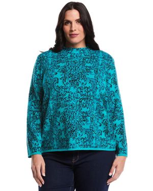 Rafaella Plus Size Floral Paisley Print Long Sleeve Sweater - Blue