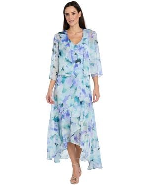 R & M Richards Printed 3/4-length Sleeve Jacket And Maxi Dress - Blue