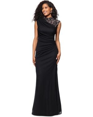 B & A by Betsy and Adam Betsy & Adam Lace-trim Ruched Jersey Gown - Black