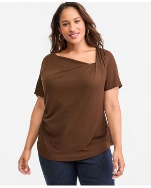 INC International Concepts Plus Size Asymmetric Neck Short-sleeve Top - Brown
