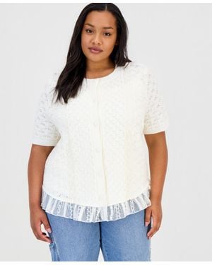 And Now This Trendy Plus Size Short-sleeve Pointelle Lace-hem Cardigan - White