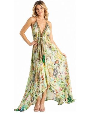 La Moda Clothing Tropical Floral Halter-plunge High-low Maxi Dress - Metallic