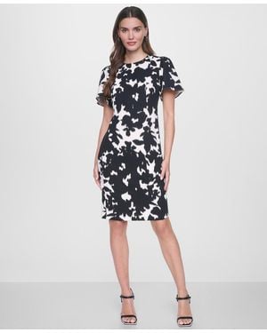 DKNY Flutter-sleeve Printed Dress - White