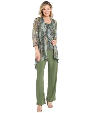 R & M Richards 3 Piece Animal Print Metallic Crinkle Duster Pantsuit - Green