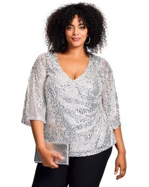 Avenue Plus Size Faux Wrap Sequin Top - Gray