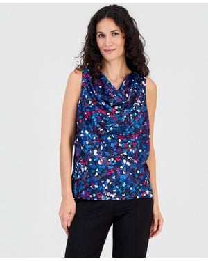 Kasper Printed Pleated Cowlneck Sleeveless Top - Blue