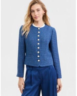 Tahari Button Front Boucle Jacket - Blue