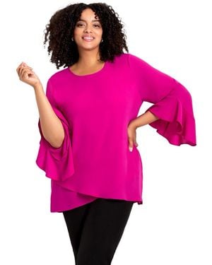 Avenue Plus Size Ruffle Sleeve Tulip Hem Blouse - Pink