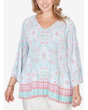 Ruby Rd. Plus Size Pleated Tapestry Print Bell Sleeve Blouse - Blue