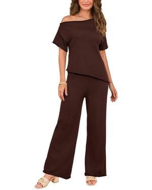 CUPSHE Knit Off-shoulder Top And Wide Leg Pants Loungewear Set - Purple