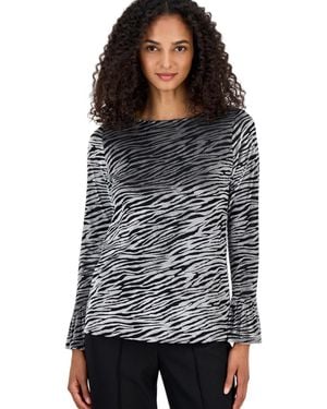 Anne Klein Boat Neck Long-sleeve Animal-print Blouse - Gray