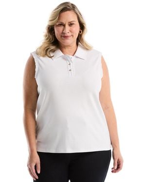 Rafaella Plus Size Ruffle Trim Sleeveless Polo Shirt - White