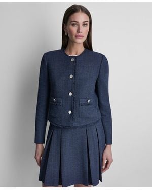 DKNY Waffle Boucle Button-front Cropped Jacket - Blue