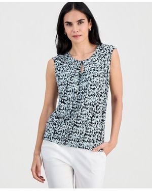 Kasper Petite Printed Keyhole Sleeveless Top - Blue