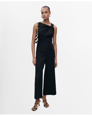 Mango Draped Neck Long Culotte Jumpsuit - Blue