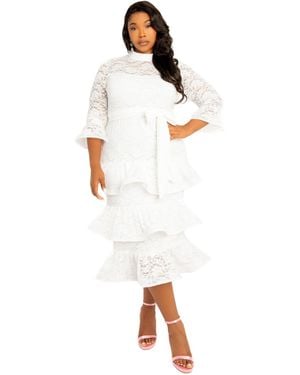 Buxom Couture Plus Size Lace Bell Sleeve Tiered Dress - White