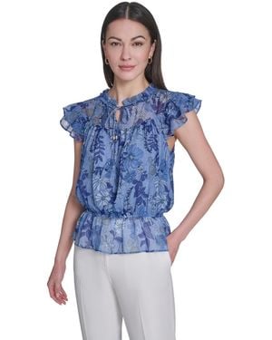 Tommy Hilfiger Floral Peplum Flutter-sleeve Blouse - Blue