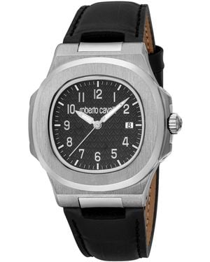 Roberto Cavalli Quartz Black Leather Strap Watch - Gray