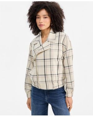 INC International Concepts Arlee Oversized Plaid Biker Jacket - White