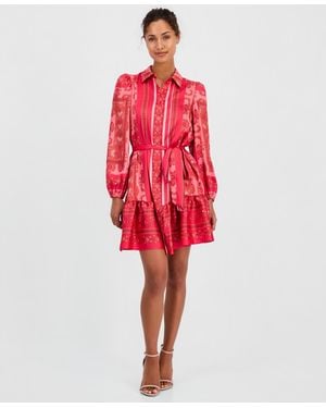 Anne Klein Long-sleeve Scarf-print Twill Shirt-dress - Red