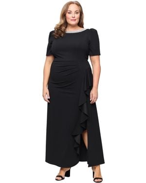 Alex Evenings Plus Size Embellished Boat-neck Cascade Ruffle Gown - Black