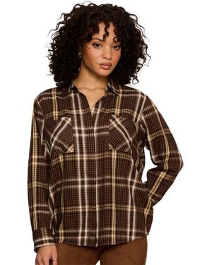 Sanctuary Petite City Plaid Long-sleeve Button-up Shirt - Brown