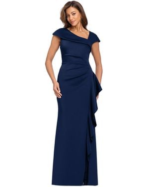 Xscape Petite Asymmetrical Neck Scuba Ruffle Sheath Gown - Blue