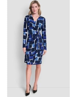 DKNY Long-sleeve V-neck Faux Wrap Dress - Blue