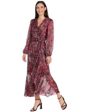 R & M Richards Long-sleeve Mock Surplus Wrap Printed Dress - Red