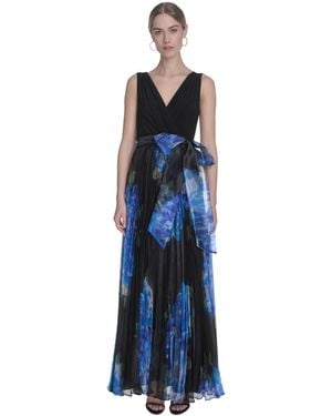 Eliza J Petite Mixed-media V-neck Sleeveless Pleated Gown - Blue
