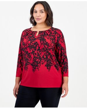 Kasper Plus Size 3/4-sleeve Floral Keyhole Blouse - Red