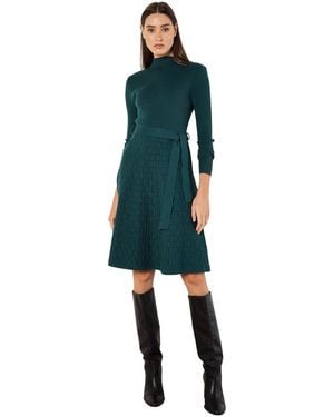 Apricot Rib And Brick Mock-neck Long-sleeve Fitted Dress - Blue