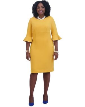 Kasper Kat Elbow-sleeve Ruffled-cuff Dress - Yellow