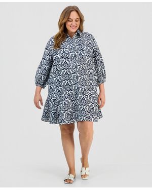 Charter Club Plus Size 100% Linen Printed Shirtdress - Blue