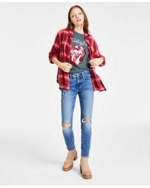 Lucky Brand Cotton Rolling Stones Boyfriend Tee Cloud Plaid Boyfriend Shirt Ava Mid Rise Ripped Skinny Jeans - Red