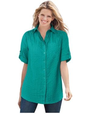 Woman Within Plus Size Within Short-sleeve Button Down Seersucker Shirt - Green