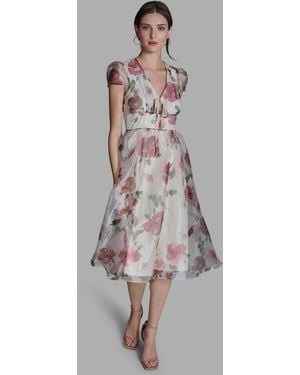 BCBGMAXAZRIA V-neck Organza Floral Fit-and-flare Midi Dress - Multicolor