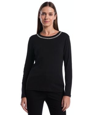 Rafaella Petite Embellished Crewneck Long-sleeve Blouse - Black