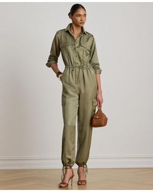 Ralph Lauren Spread Collar Shantung Cargo Jumpsuit - Green