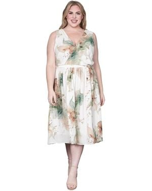 Standards & Practices Plus Size Floral-print V-neck Faux Wrap Midi Dress - White