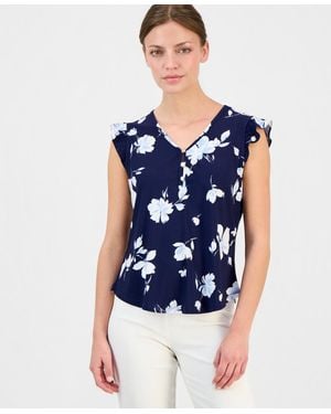 Anne Klein Essentials Petite Short-sleeve V-neck Button-front Top - Blue