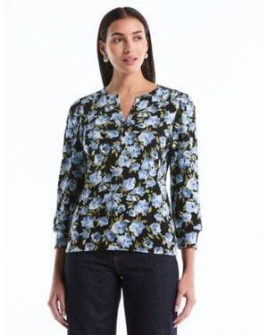 Rafaella Floral Print Shirred Henley Neck Top - Blue