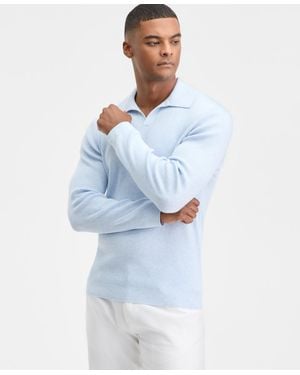 Alfani Long Sleeve Ribbed Johnny Collar Polo Sweater - Blue