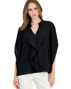 Anne Klein Dolman Flutter Y Neck Chiffon Blouse - Black
