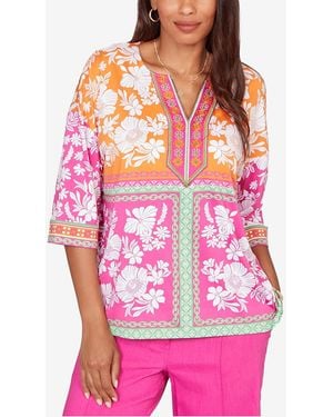Ruby Rd. Petite Embroidered Placket Patchwork Knit Top - Pink