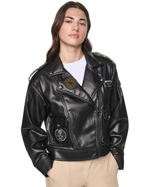 DKNY Faux Leather Collared Zip-front Jacket - Black